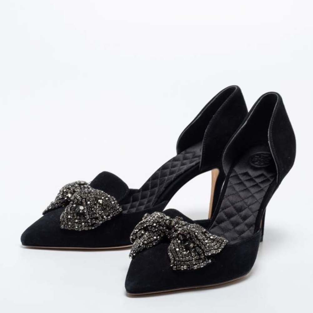 Tory Burch Black Crystal Bow Pointed-Toe Women's Heels Sz 7 1/2